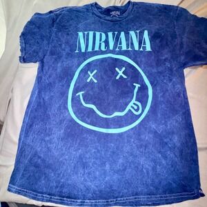 Nirvana Graphic T-Shirt Mens XL Blue Acid Wash Excellent Smiley Face Band Tee